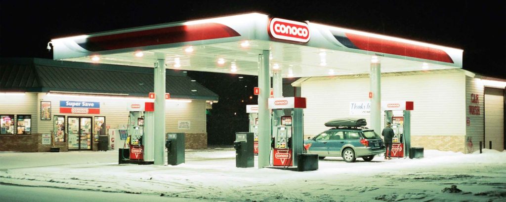 Filling up with fuel in winter in the morning.