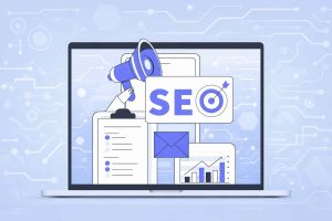 Illustration showing a website displayed on a computer screen with SEO elements like charts, content blocks, and targeting icons, explaining the question “Does Web Design Include SEO?” and how design and search optimization work together.