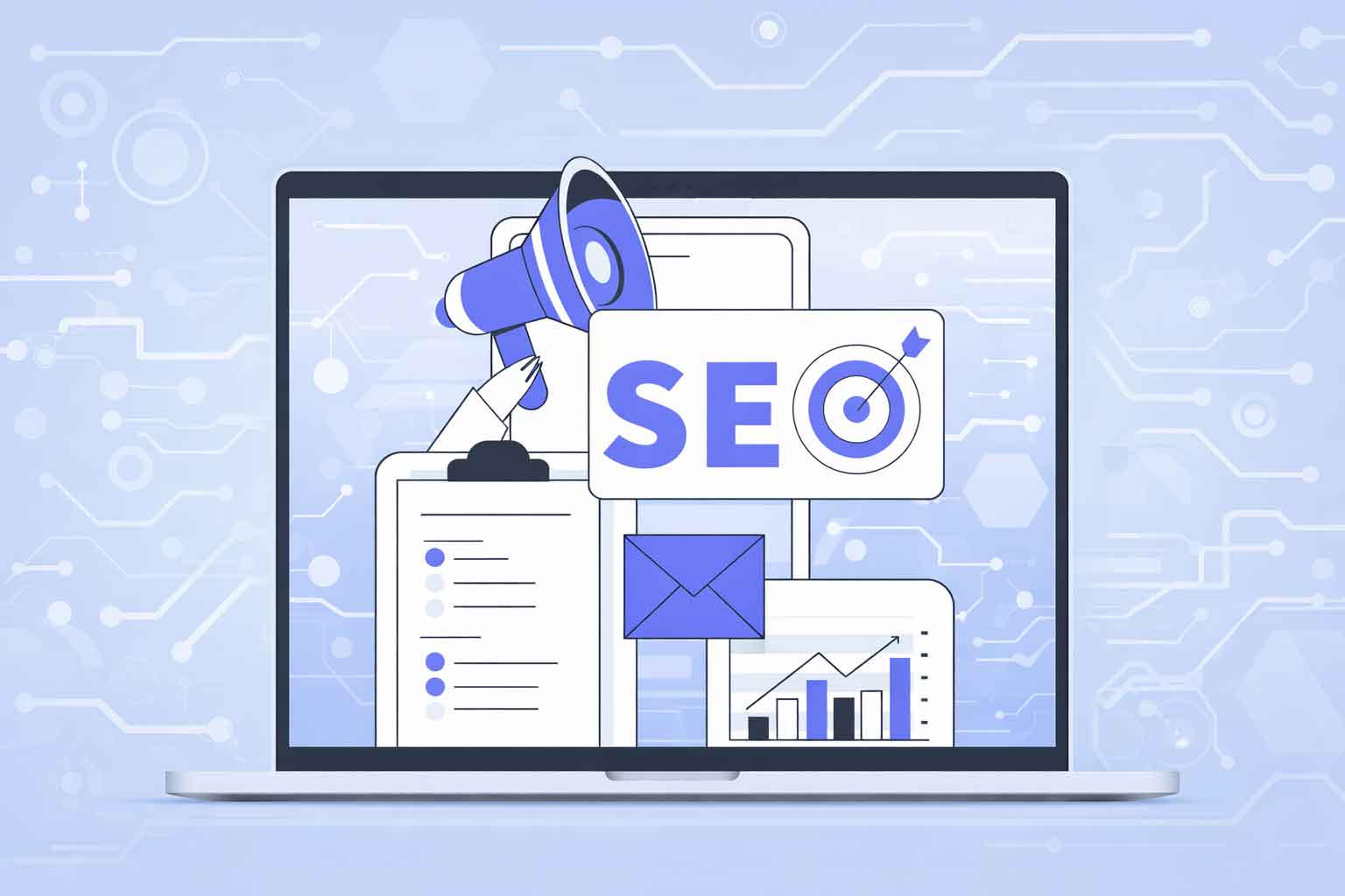 Illustration showing a website displayed on a computer screen with SEO elements like charts, content blocks, and targeting icons, explaining the question “Does Web Design Include SEO?” and how design and search optimization work together.