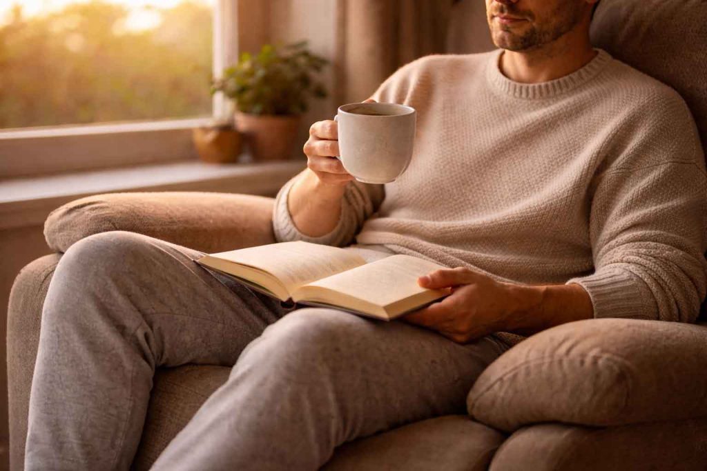 a man drinking coffee and reading.