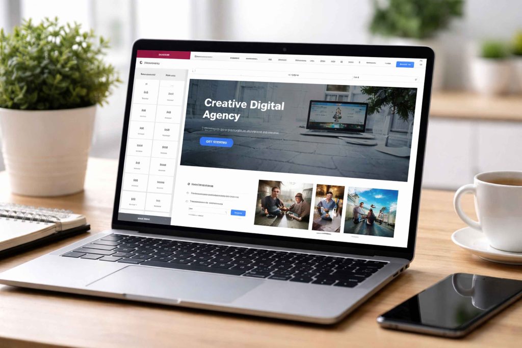 Elementor page builder open on a laptop showing the visual editor used to design a WordPress website