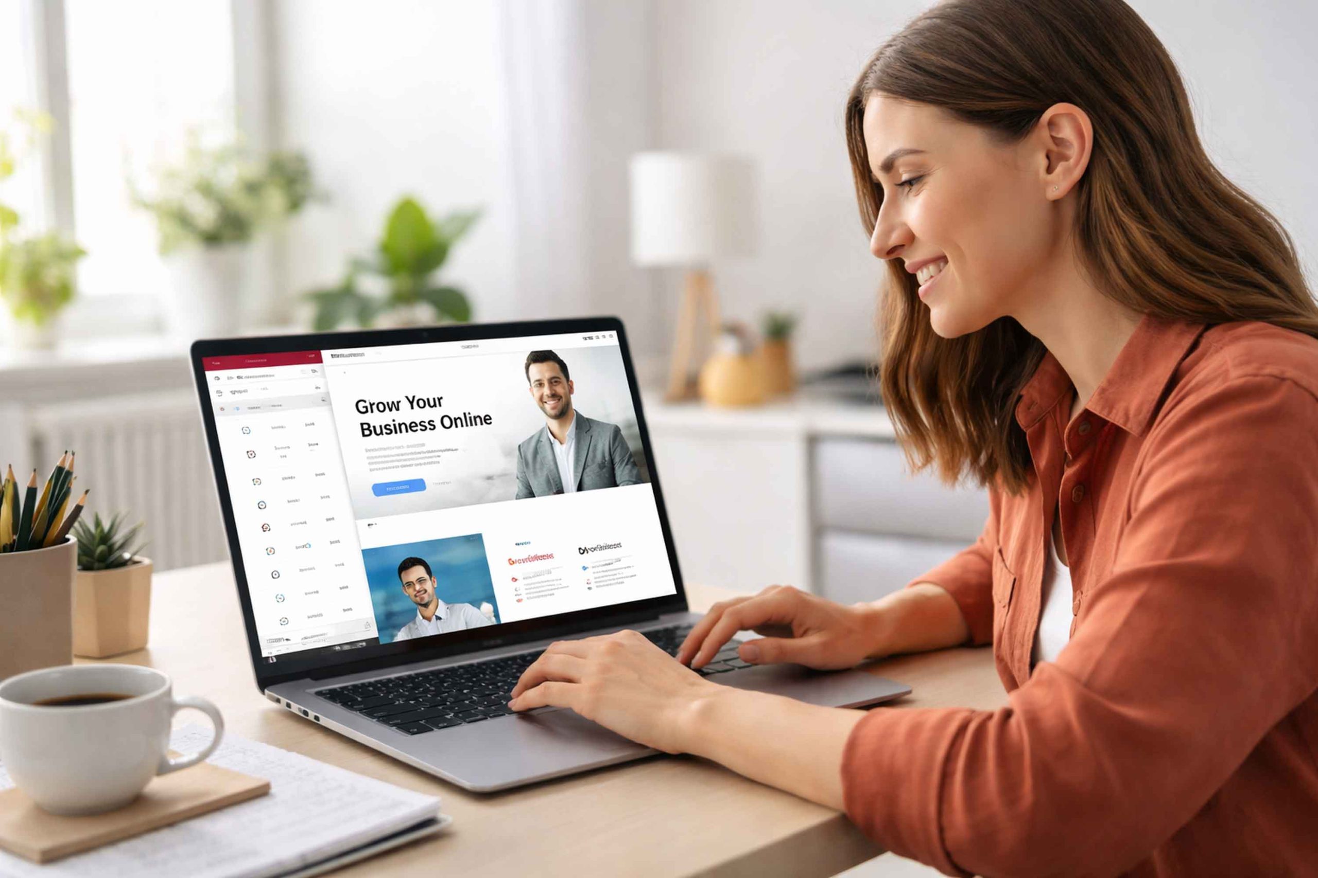 Small business owner editing a website with Elementor while comparing elementor vs squarespace platforms.
