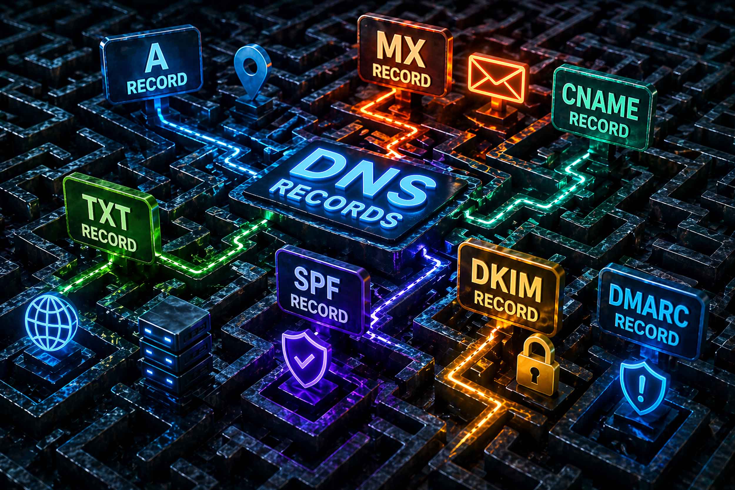 a number of different DNS records like A, MX, CNAME, TXT, SPF and more