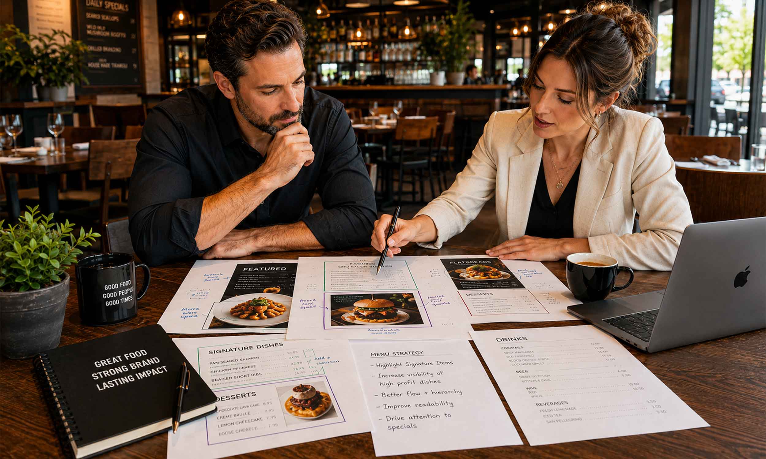 Restaurant owner and a professional designer looking over a menu design