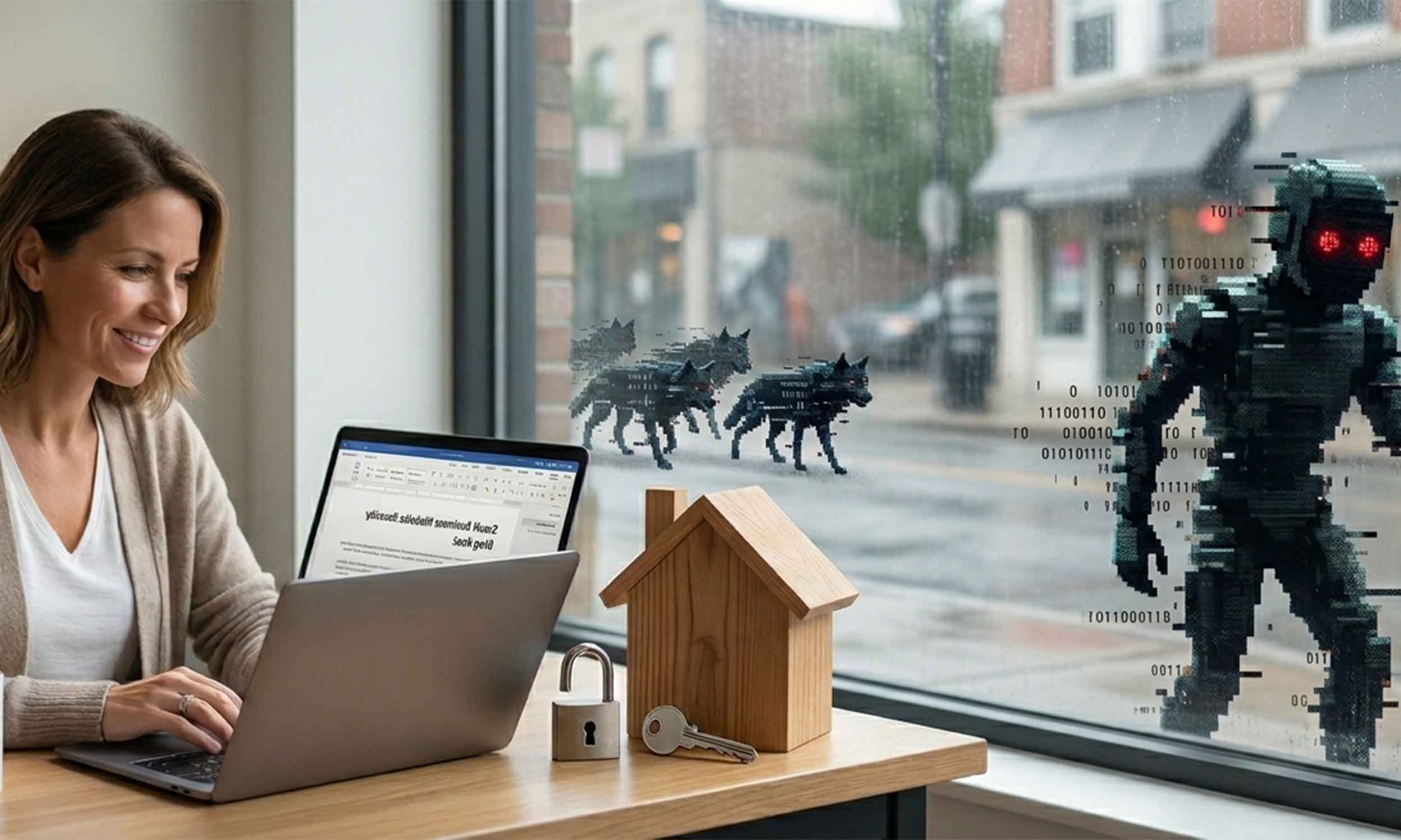 A business owner working on a computer while the wolves and robots are waiting to attack